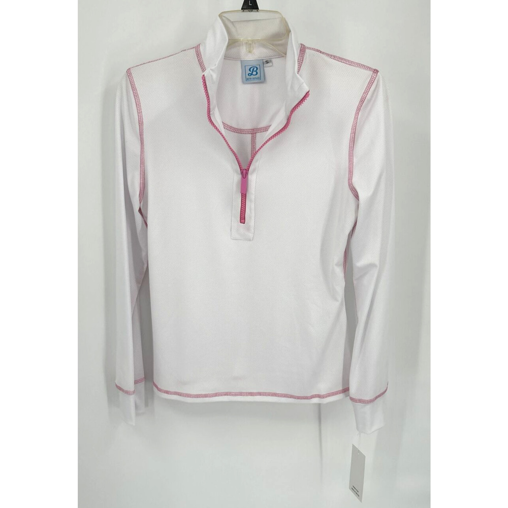 Beth Depass Long Sleeve Sports Golf Shirt White Pink Small Collar 1/4 Zip NWT